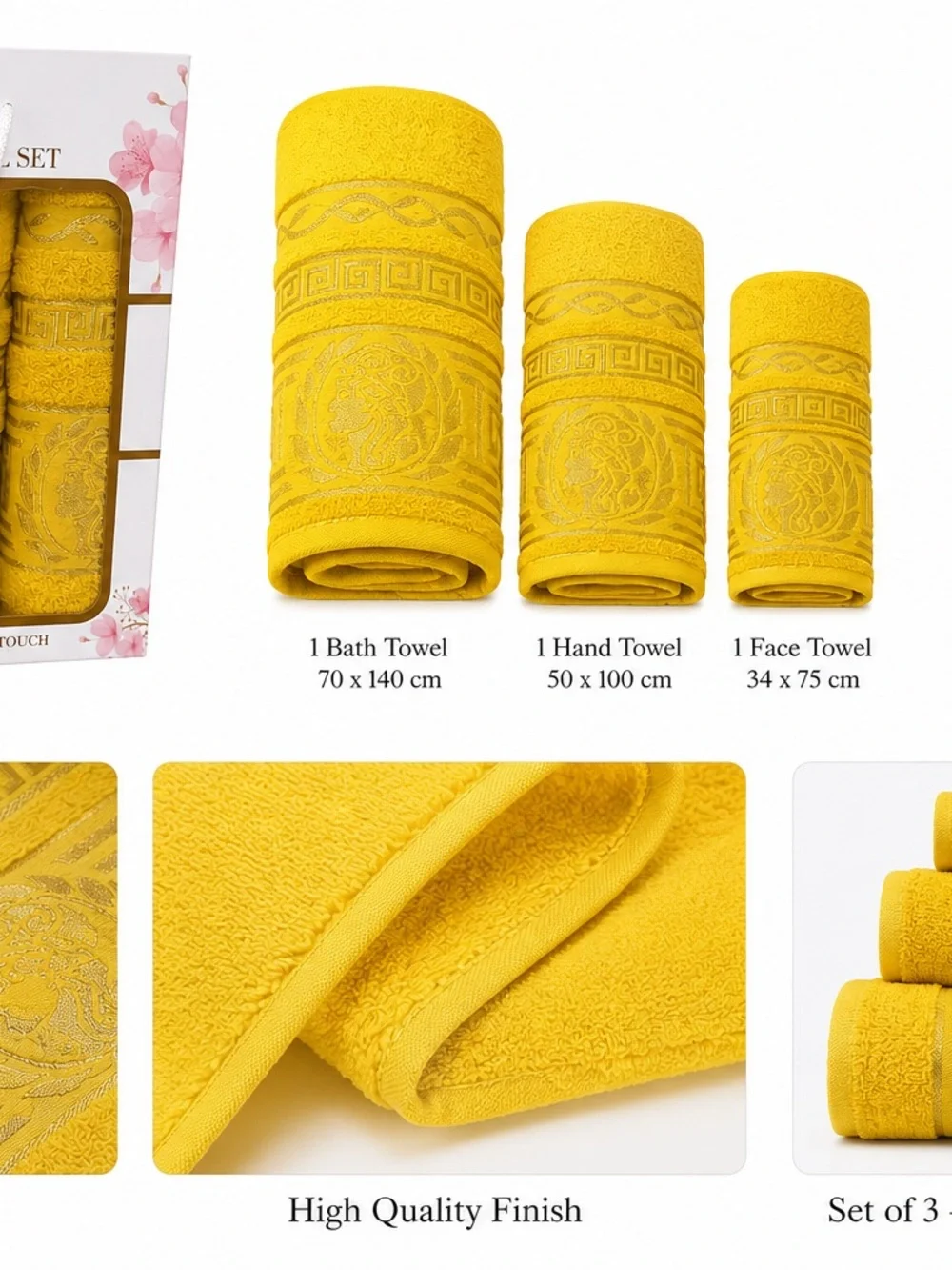 Valentina Bright Yellow 3-Piece Decorative Towel Set